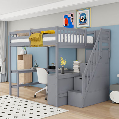 Lit mezzanine double en bois avec bureau intégré en L et tablettes de rangement