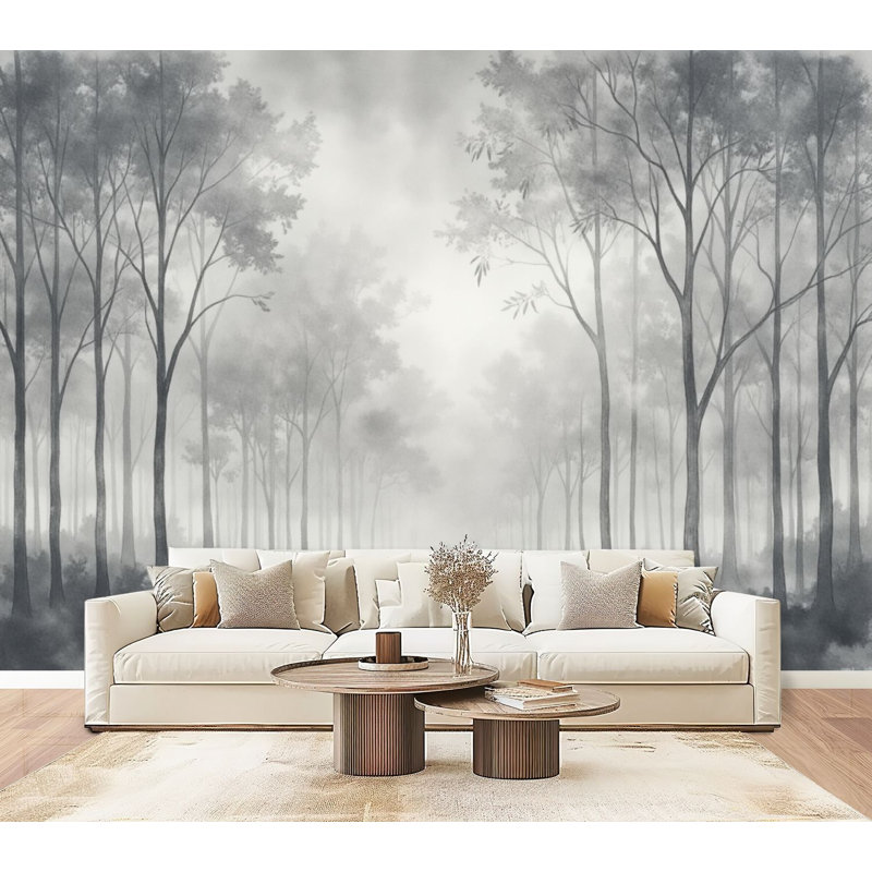 Papier peint auto-adhésif Misty Forest Landscape Tall Trees Subtle Fog, L 96 po x l 69 po
