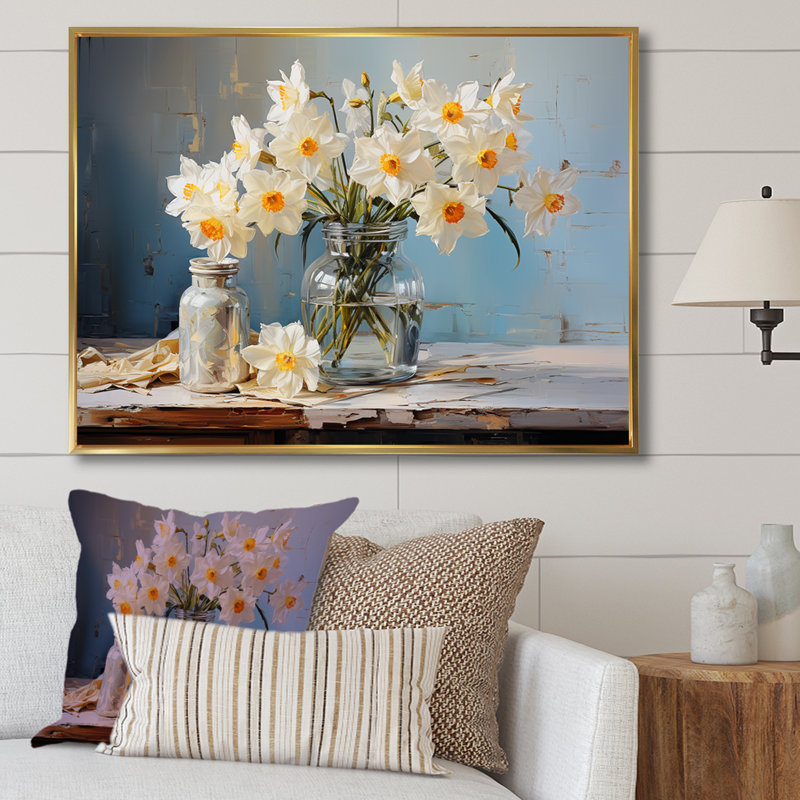 «Daffodils Farmhouse Still Life» sur toile, Cadre flottant doré, H 12 po x l 20 po x P 1 po