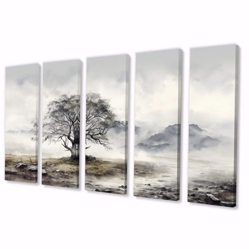 Arbre monochrome brumeux II paysage 5 pièces