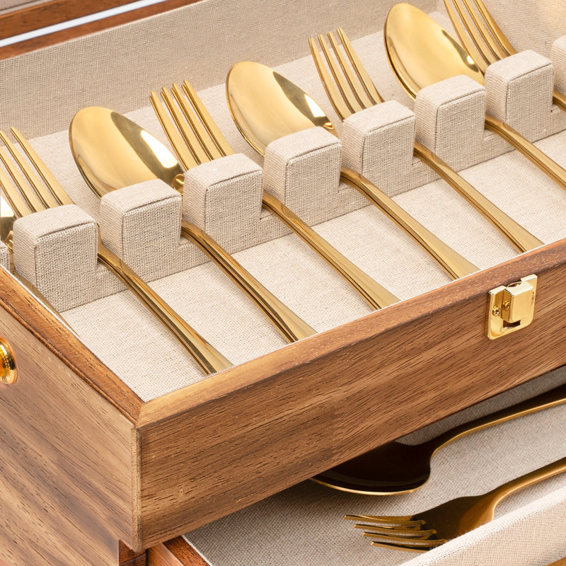 3-layer Silverware Storage Box With Drawer, Wooden Silverware Chest With Handle And Linen Liner For Storing Fine Flatware And Utensils,torched Wood