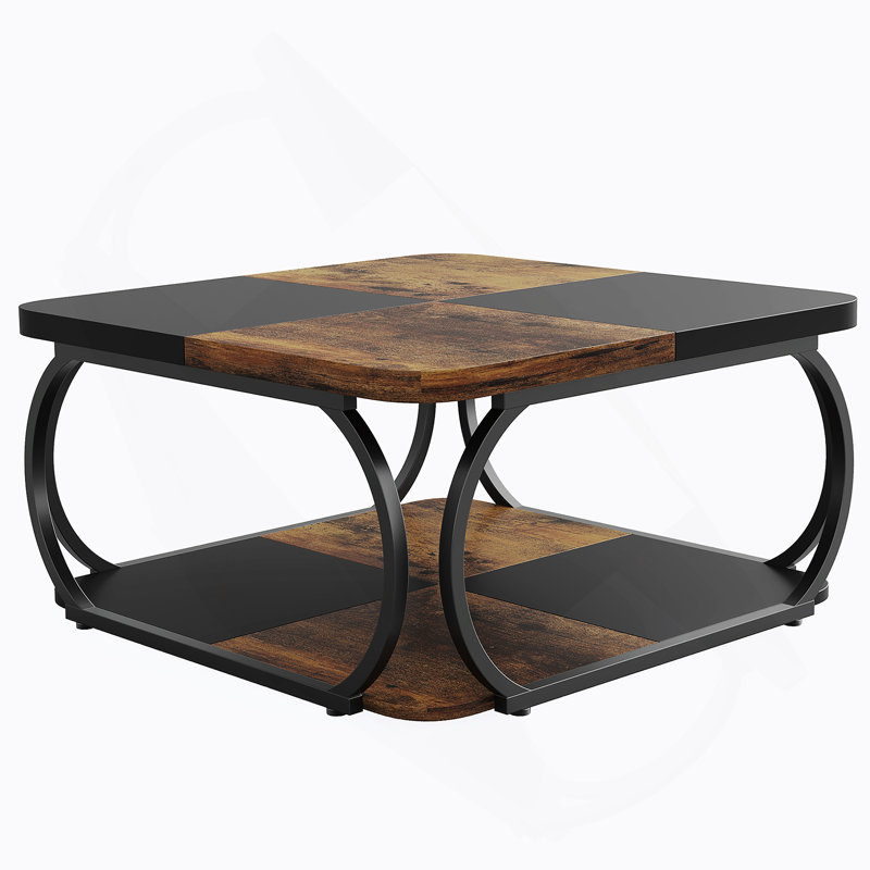 Table basse carrée de 39 po avec tablette de rangement à 2 niveaux de style campagne moderne, structure en métal robuste, brun rustique et noir, idéale pour le salon