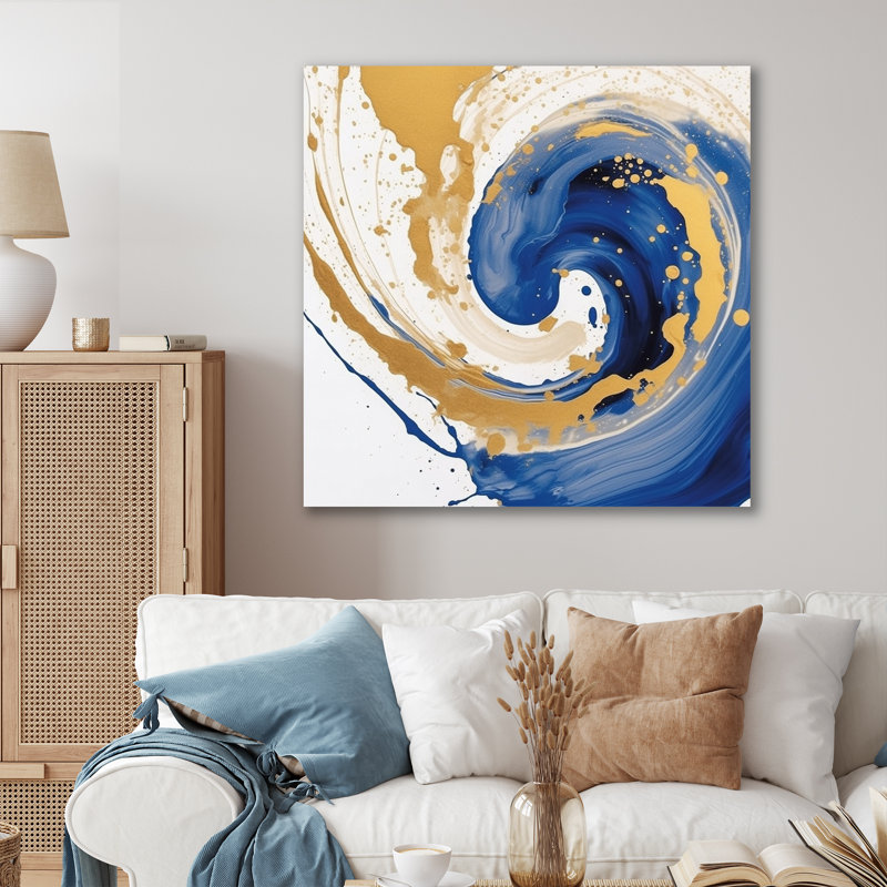 Bleu foncé et spirale dorée III - impression, H 36 po x l 36 po x P 1,5 po, Toile tendue