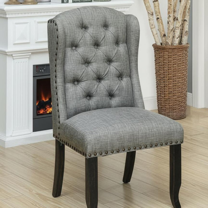 Ensemble de 2 fauteuils à oreilles Elvixa avec cadre noir antique et revêtement gris clair