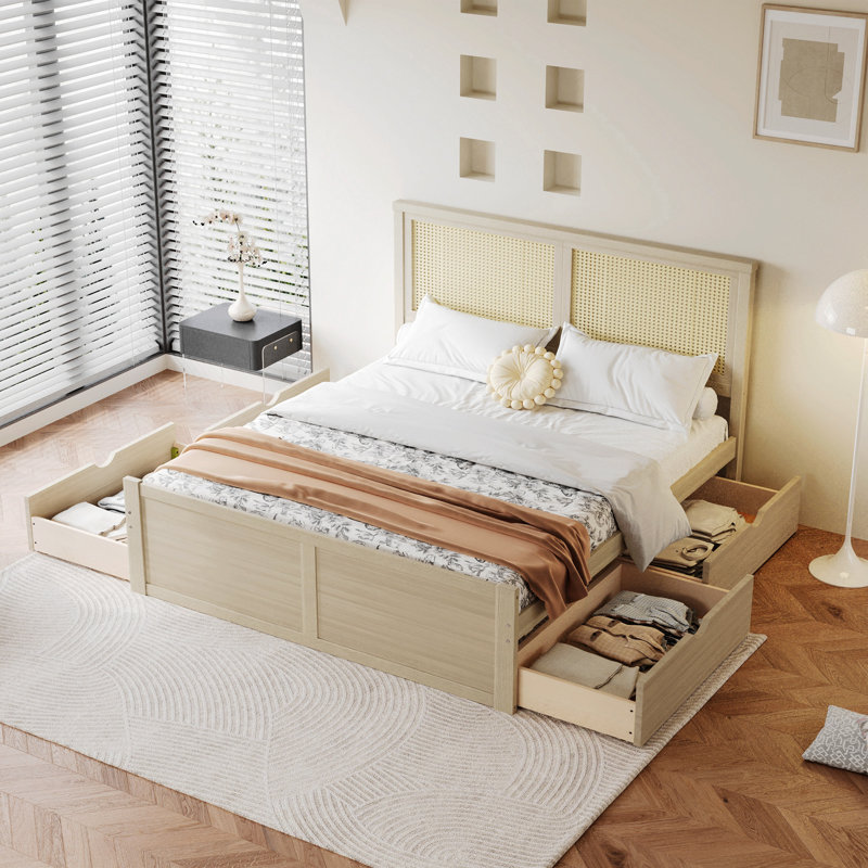 Wood Storage Platform Bed with 4 Drawers and Rattan Headboard, Antique Natural, Queen