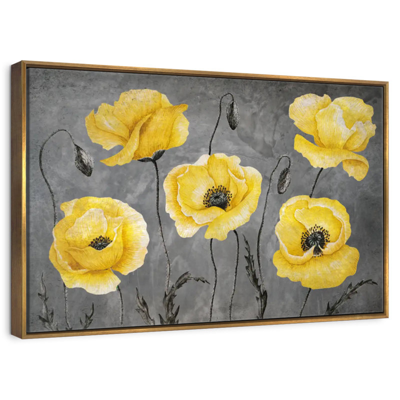 Coquelicots jaunes, Cadre flottant doré, 43 po x 29 po