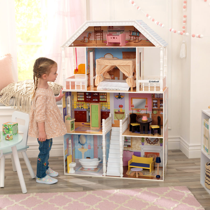 Savannah Wooden Dollhouse, Over 4 Feet Tall With Porch Swing And 14 Accessories