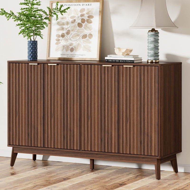 Seyla 55'' Sideboard with Solid Wood Legs & 2 Adjustable Shelves, Four Curved Fluted Door, Walnut