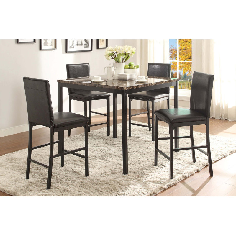 Ensemble de salle à manger en métal à hauteur de comptoir 5 pièces avec plateau en faux marbre et 4 chaises de comptoir transitionnelles