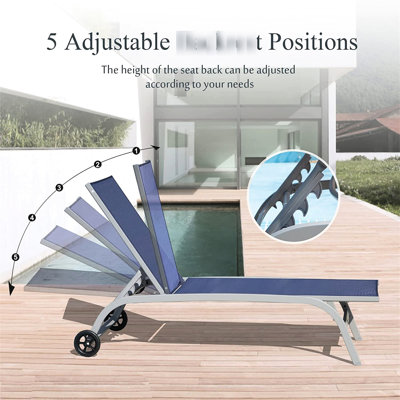 Outdoor Pool Chairs In Blue - 5 Adjustable Positions Comfortable For Patio, Deck, Beach 2 Chaise Lounge Aluminum Breathable For Patio