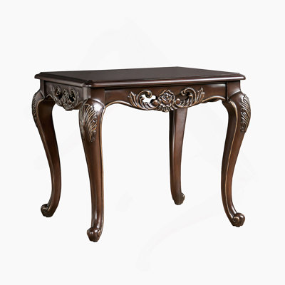 Traditional Style End Table With Solid Wood Structure, Curved Legs, And Intricate Carved Detail In Java Finish