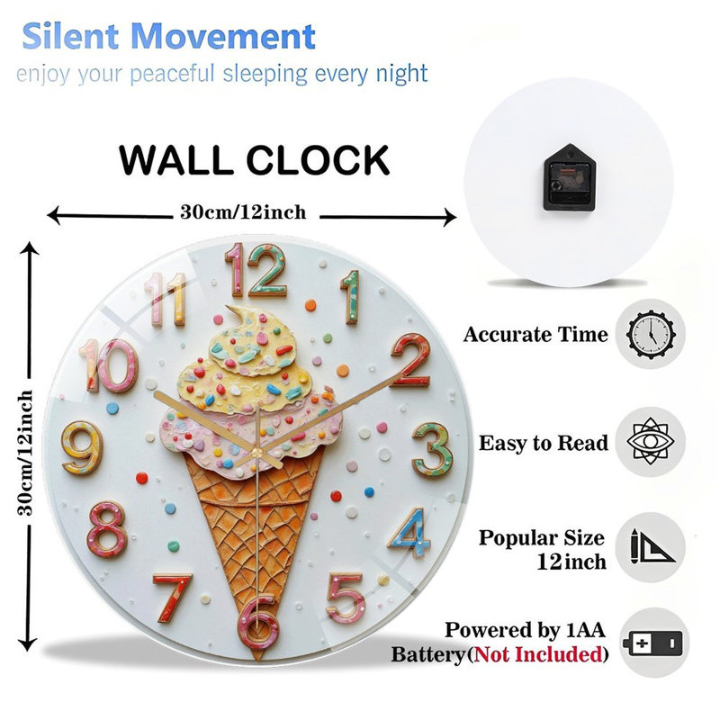 Horloge murale silencieuse en verre trempé de 30 cm, « Horloge Glace », objet décoratif mural, sans tic-tac, fonctionne avec des piles AA (non incluses), décoration artistique pour la maison