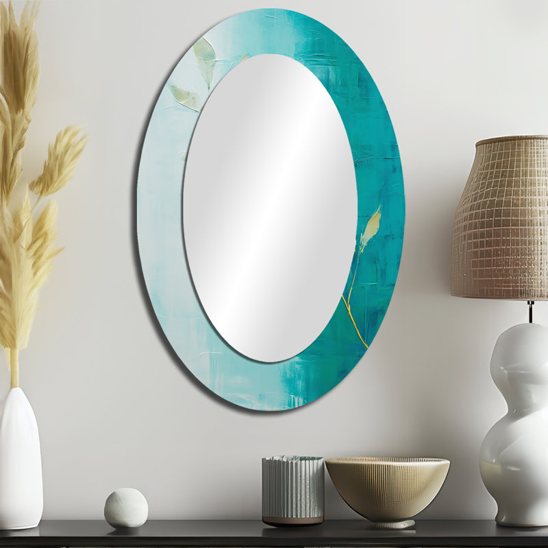 Turquoise Abstract Leaf Harmony - Teal Tropical Oval Wall Mirror, 36" x 24"