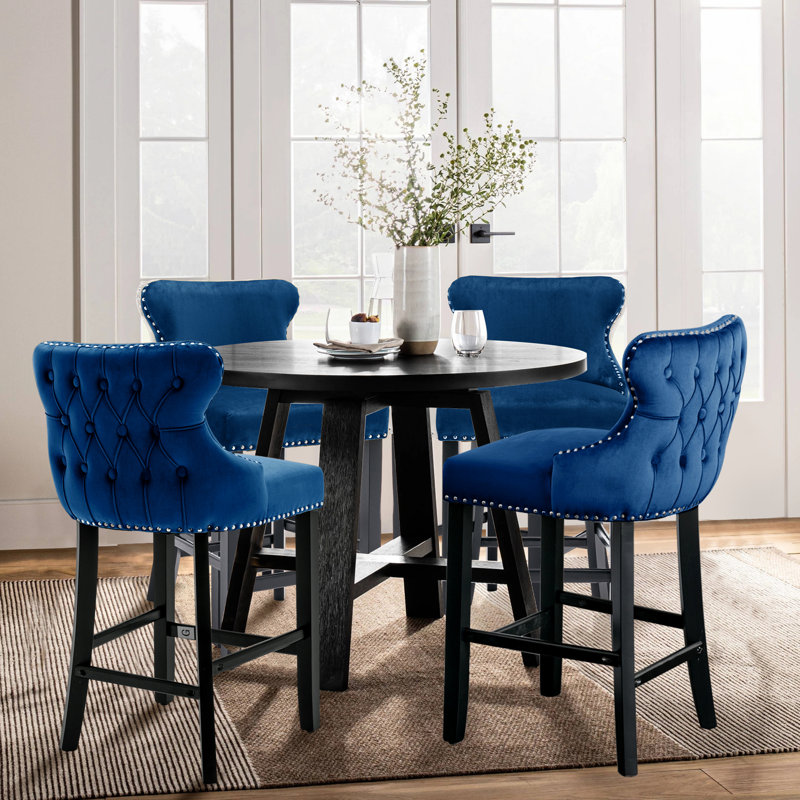Alaster Upholstered Velvet Counter Stool with Solid Wood Frame, Blue
