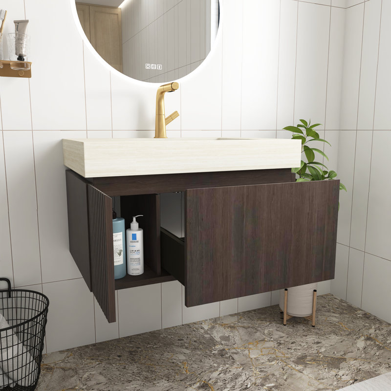 Meuble-lavabo de salle de bain à grain de bois espresso de 30 po avec lavabo, armoire de rangement flottante en contreplaqué avec tiroir et portes, plateau en pierre frittée avec lavabo en céramique Roma, pré-assemblé