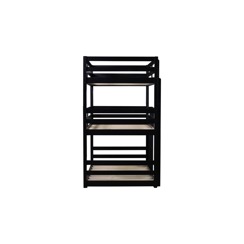 Lit superposé triple en bois d'hévéa massif, cadre de lit superposé en bois à 3 niveaux avec garde-corps et échelle, lit superposé robuste pour enfants, adolescents et adultes, aucun sommier nécessaire