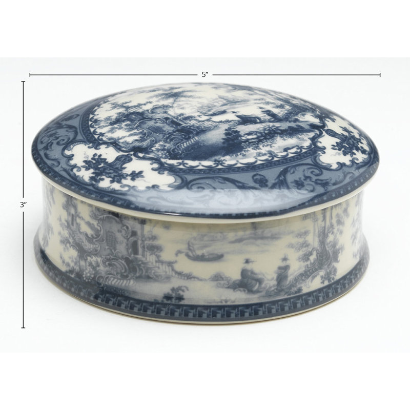 Round Porcelain Decorative Box, Blue/Cream