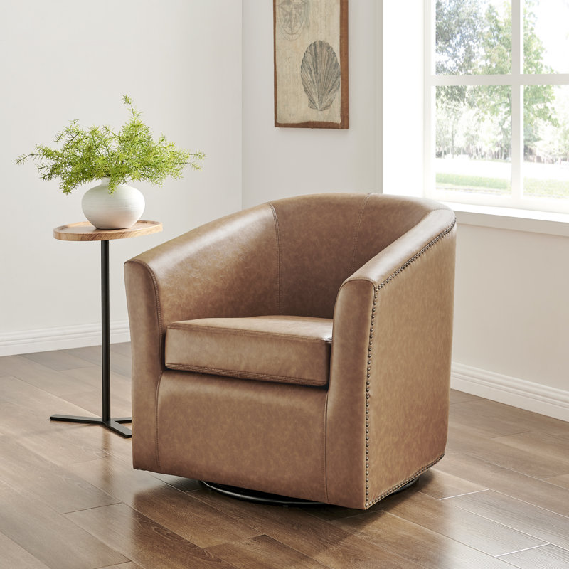Rabinowitz Upholstered Swivel Barrel Chair, Brown Faux Leather