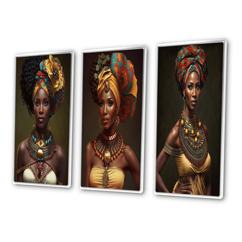 Contemporary Contemporary Beauty - Art africain-américain, ensemble de 3 pièces, Cadre flottant blanc, H 28 po x l 36 po