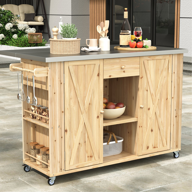 Plaque de cuisson extérieure - Fabrication en bois de sapin, plateau en acier inoxydable, compartiments de rangement, serviette et épices, ouvre-bouteille, plan de travail de cuisine mobile avec roues verrouillables, rangement spacieux,