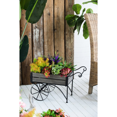 Pot à fleurs sur chariot antique brun avec deux roues et une poignée courbée, 24,4 po x 12,6 po x 15,4 po, support de plante en bois de pin noir 9,9 lb, pour serre