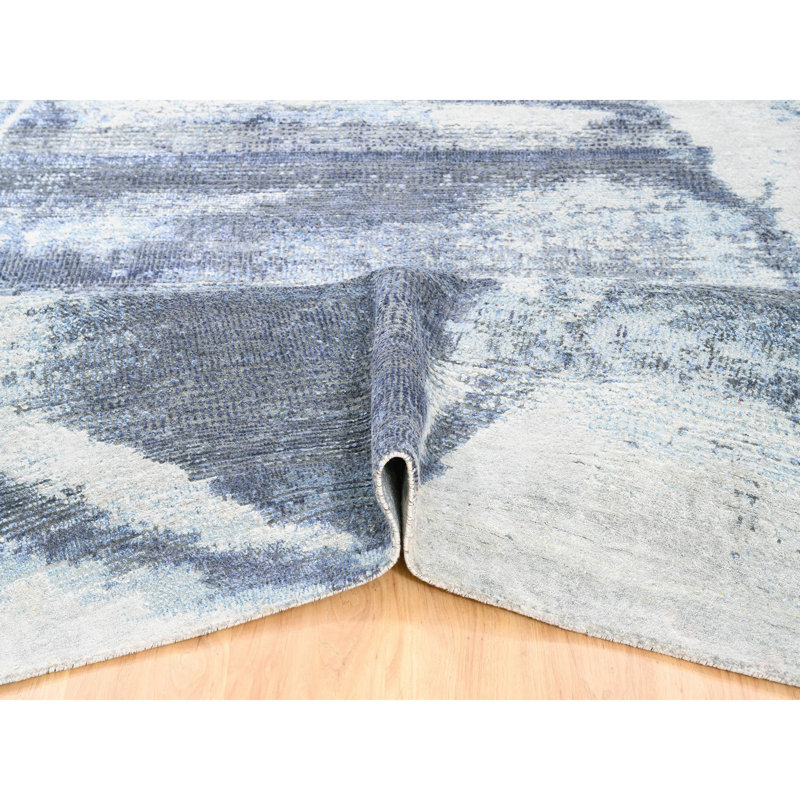 Tapis oriental noué à la main 7 pi 10 po x 10 pi noir avec un mélange de laine et de soie moderne bleu et gris D657CAEFA6A2440B96CAB03ABC1D7DE5