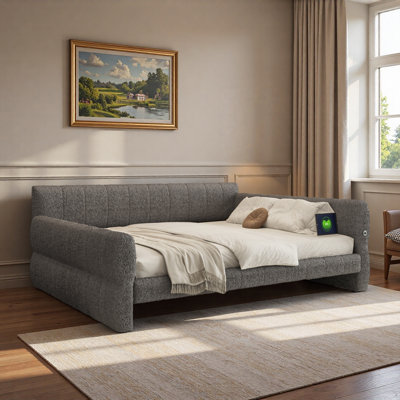 Upholstered Daybed With Usb And Slats Support