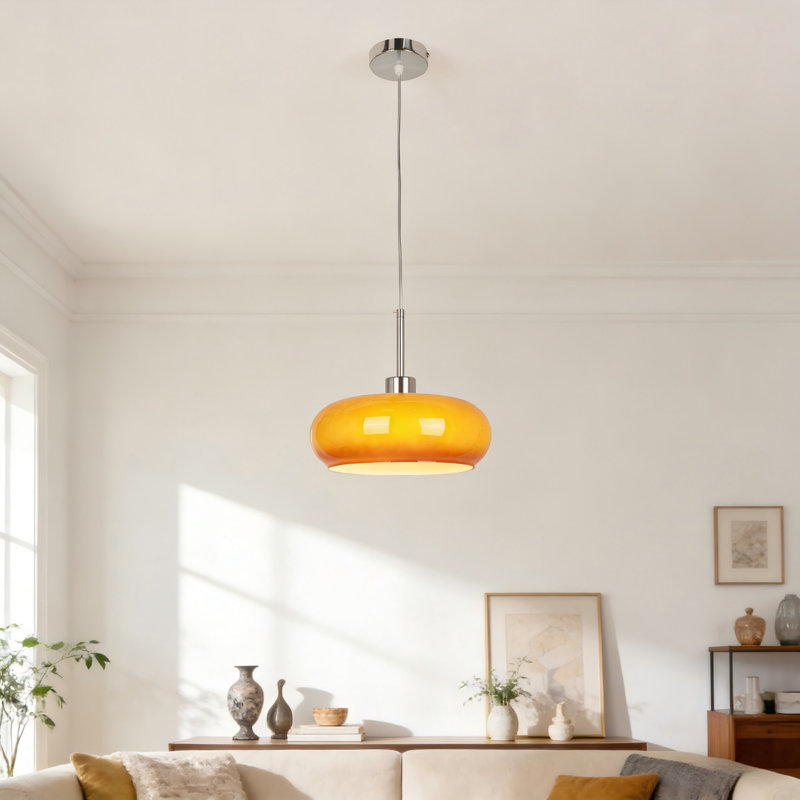 Luminaire suspendu moderne à 1 lumière de style Mid-Century avec abat-jour en verre orange (ampoule incluse)