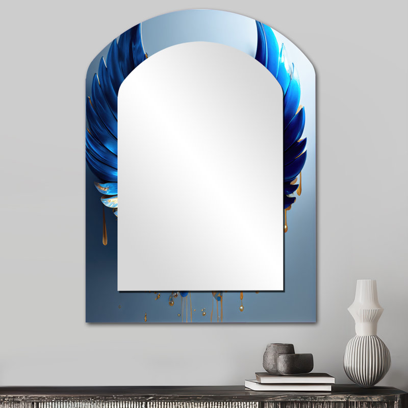 Miroir mural asymétrique «Wings Angel» bleu et doré, miroir décoratif arqué blanc, impression sur métal, 34 po x 25 po