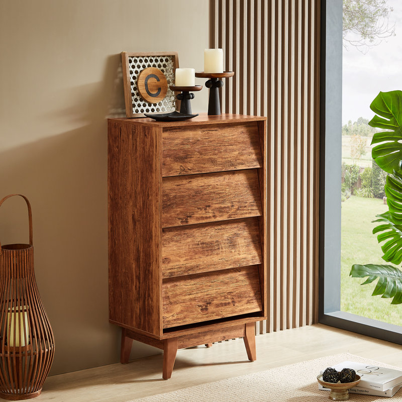 La commode double à 4 tiroirs présente un design rétro et biseauté