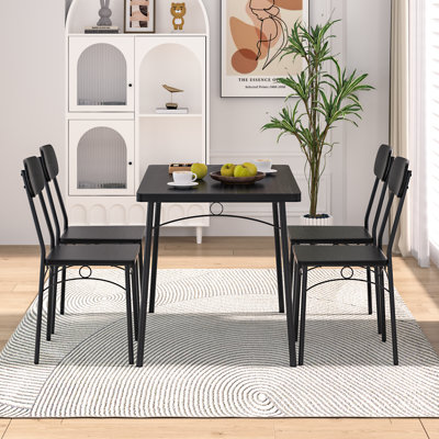 Whipton 4 - Person Dining Set, 5-Piece Rustic Black Dining Table Set for 4, Industrial Kitchen Table and Chairs Set with Metal Frame, Space-Saving Dining Room Furniture (Set of 5)