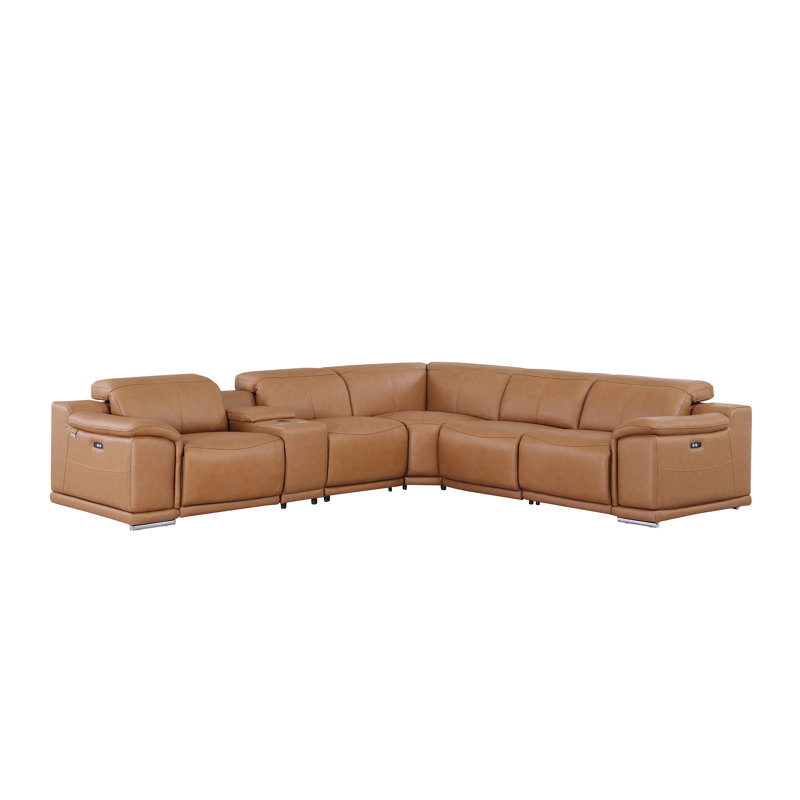 Crasia 123 '' Wide Genuine Top Grain Italian Leather Symmetrical Modular Seating Component, Camel Genuine Leather