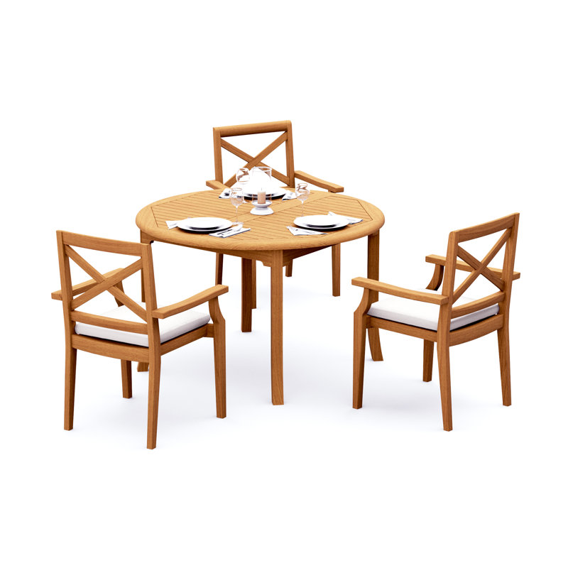 5 Pcs Grade-A Teak Wood Dining Set: 48" Round Table And 4 Granada Stacking Arm Chairs #11GR1004, 3