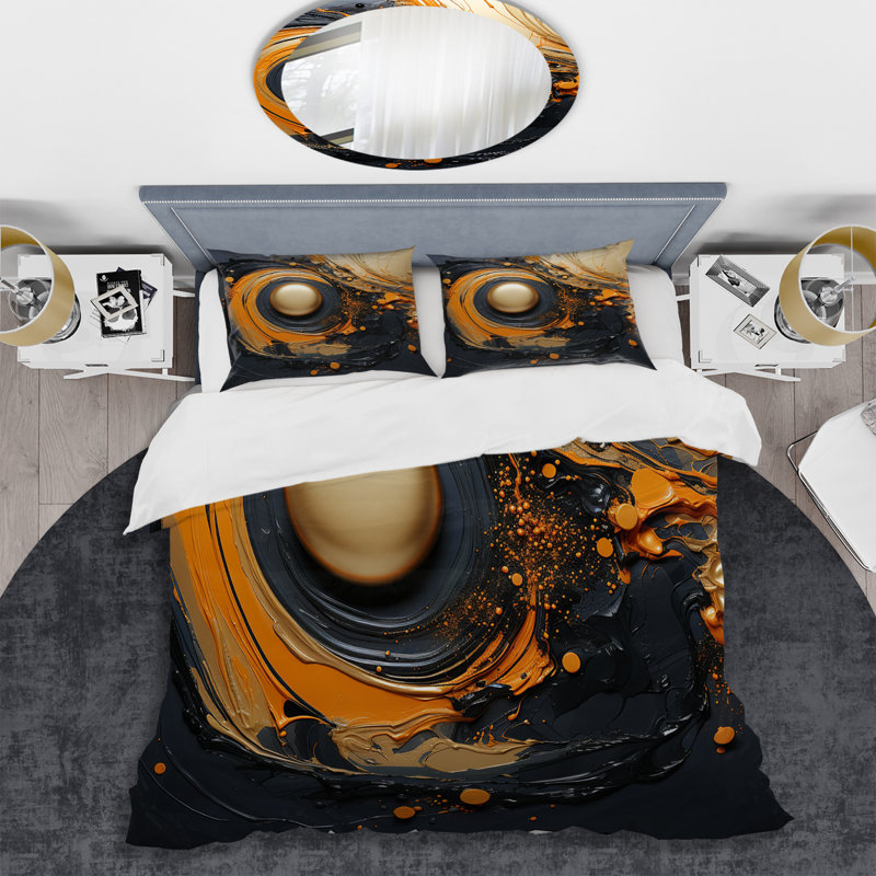 Ensemble de housse de couette noir et orange Marble Moon I - Abstract Modern Shapes, Housse de couette pour grand lit