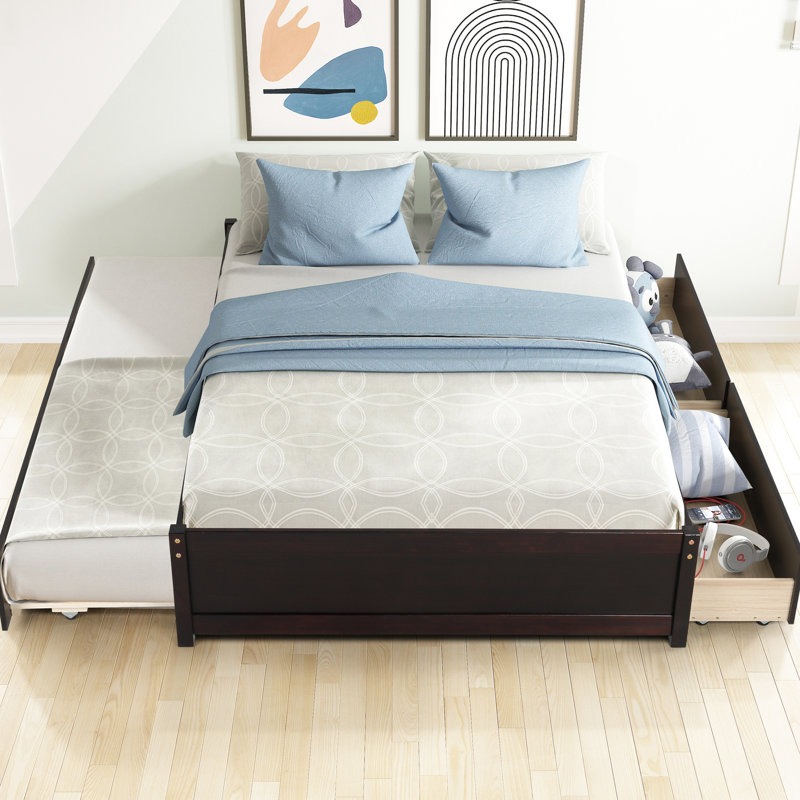 Lit double pour chambre à coucher avec lit gigogne et tiroirs - Bois massif, structure fiable pour lit simple 2 po Optimize