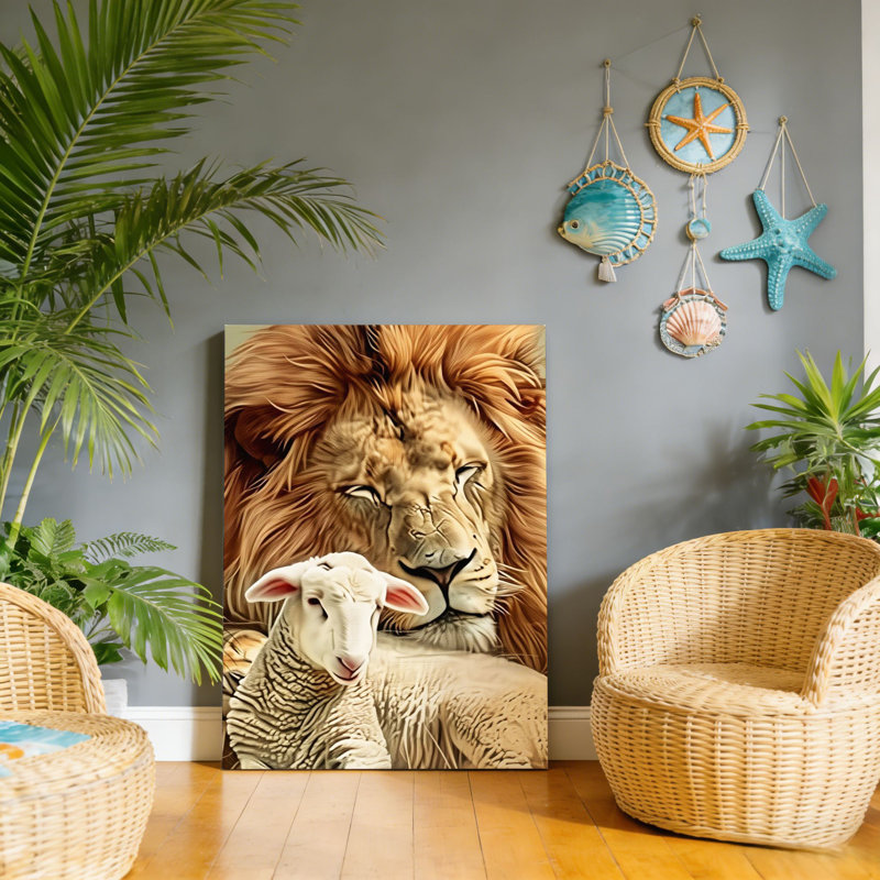 Roi lion et croix d'agneau, cadre en bois à l'arrière intégré, 20 x 30