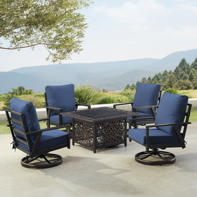Ensemble de table de foyer en aluminium noir avec quatre fauteuils club