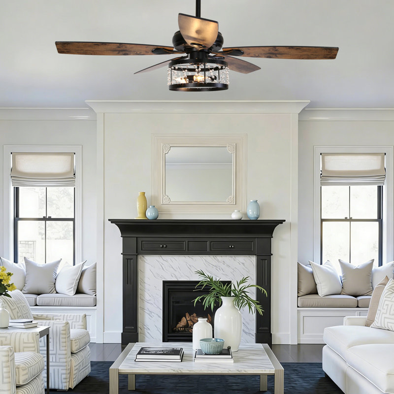 52'' 5-blade Black Industrial Ceiling Fan With Light Kit And Remote Included