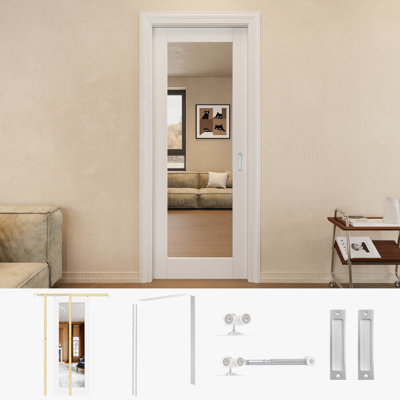 32" x 80" 1-Lite Mirrored Sliding Closet Pocket Door with Silver Hardware & White Pocket Door Frame