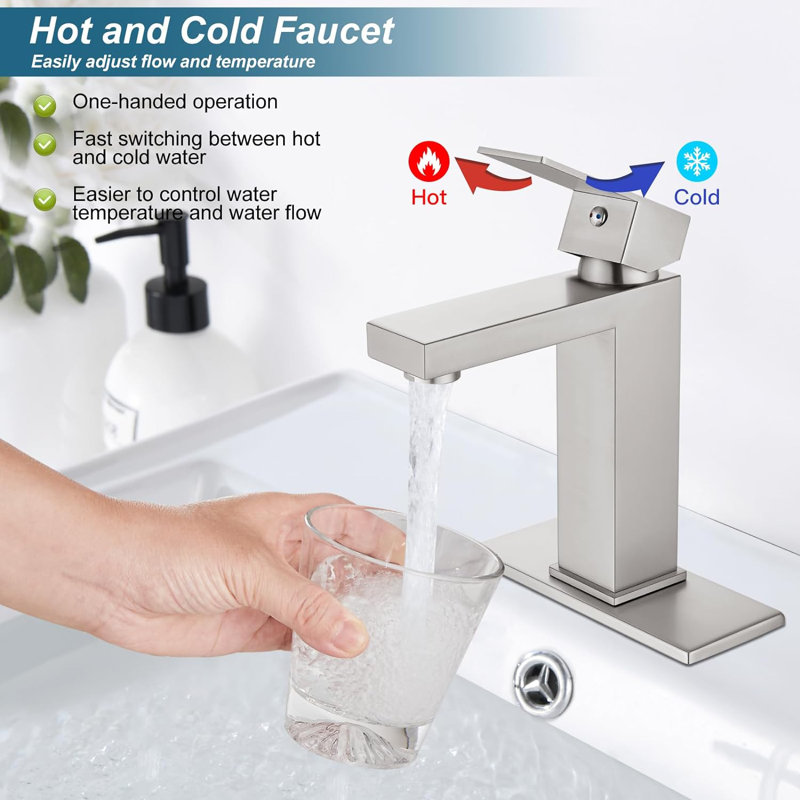 Robinet pour salle de bain à poignée simple avec drain, Nickel brossé