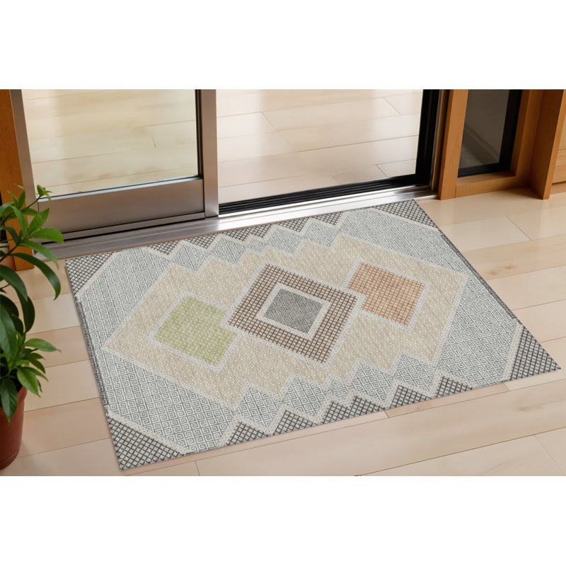 3' X 5' Pewter Copper And Silver Geometric Washable Indoor Outdoor Area Rug