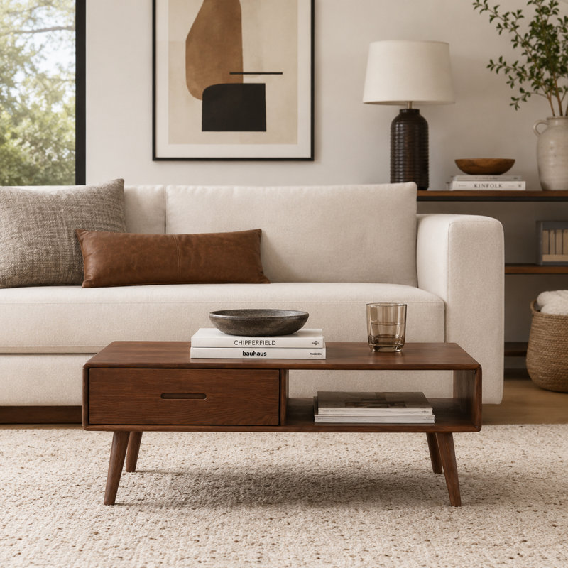 Table basse Mid-Century moderne en chêne massif 47 po avec tiroir, Brun teint chêne, H 16,93 po x L 47,24 po x l 22,05 po