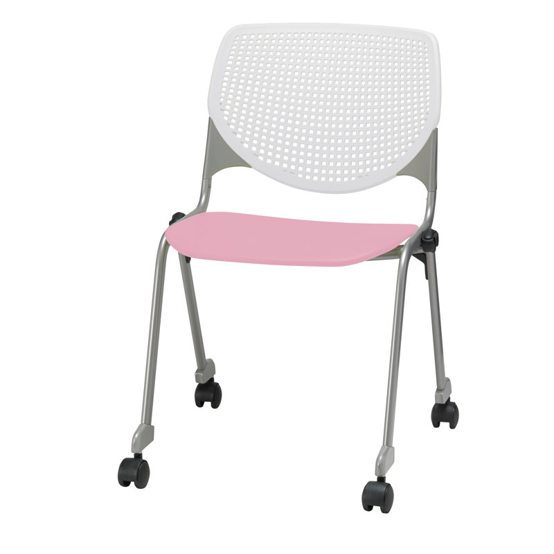 Chaise empilable en poly sans accoudoirs Kool, Avec des roulettes, Blanc / rose