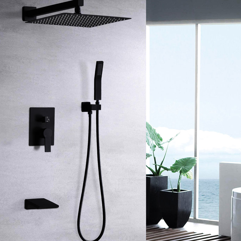 Système de pomme de douche à pluie 10 "avec robinet équilibré - noir mat, fixation murale et système de valve, noir, Noir mat