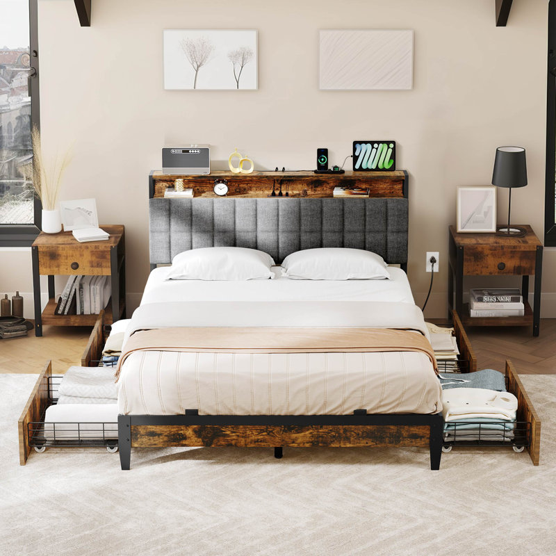 Felipe Metal Bookcase Storage Bed with 4 Underbed Drawers & Power Outlets, King