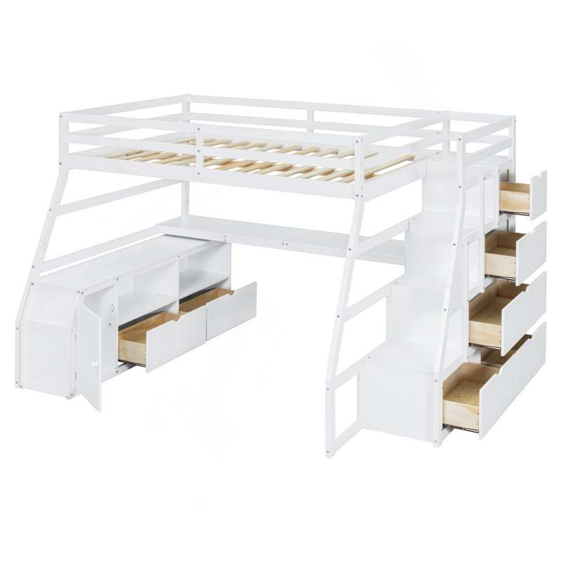 Lit mezzanine avec 7 tiroirs, 2 tablettes et un bureau