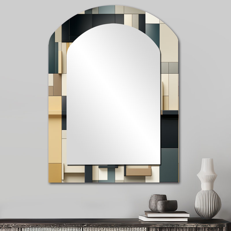 Parrsboro Taupe Geometric Blocks Harmony - Geometric Arch Decorative Mirror, Modern Asymmetrical Wall Mirror, Printed Metal Art
