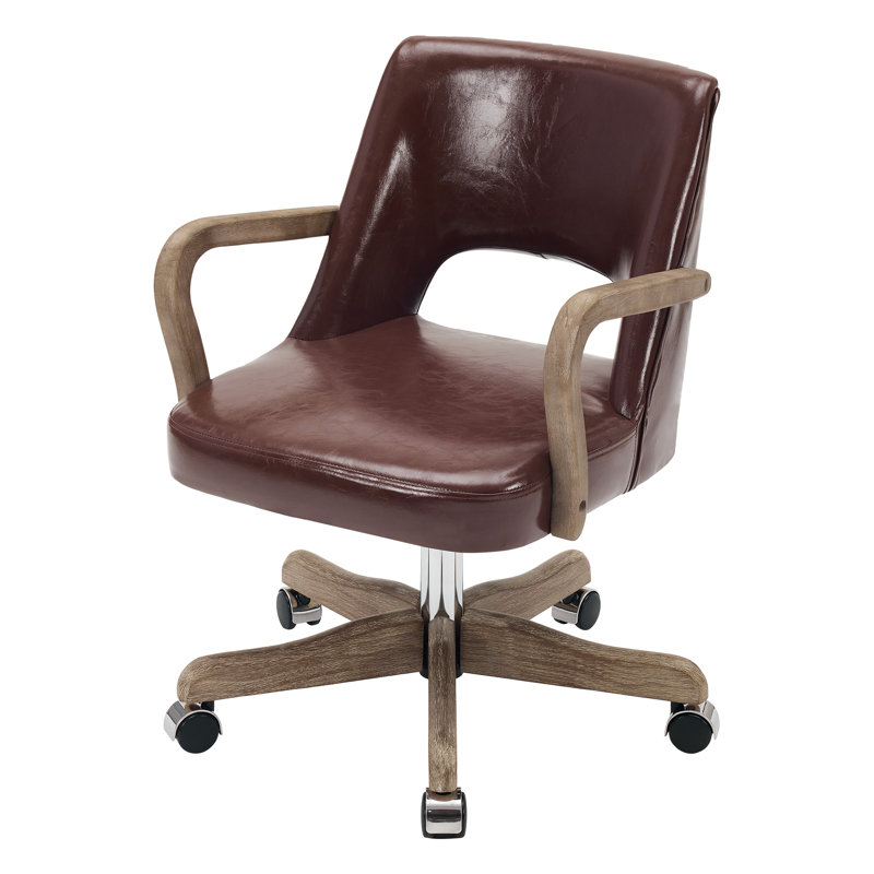 Chaise de bureau pivotante à hauteur ajustable avec roulettes - siège à dossier moyen en tissu, base en bois, With Arms