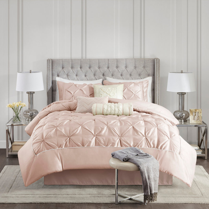 Ensemble d'édredon touffeté 7 pièces rosé