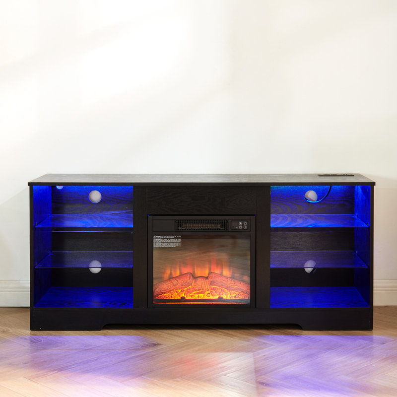 58''w Tv Cabinet With 3d Fireplace And Height-adjustable Partition - Black Stand Electric Power Outlets, Smooth Surface, Black, For 32 62" Tvs, 58''w*15.5''d*24.4''h